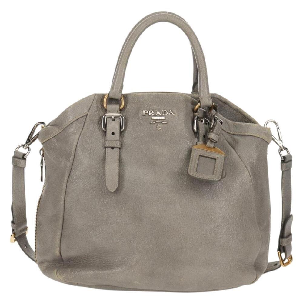 PRADA Tote Bag Leather 2way Gray Silver Auth bs31577 - Picture 13 of 16